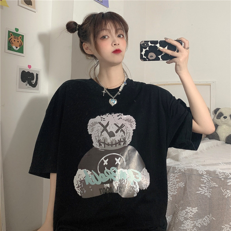 Real shot sweet and lovely bear print loose short sleeve T-shirt