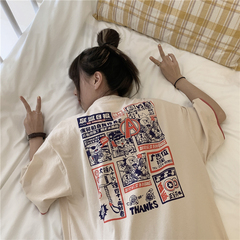 實拍短袖恤女寬鬆印花假兩件中長款半袖上衣