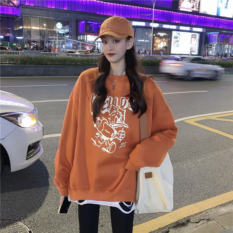 Real shot autumn, winter and Korean version of old cartoon printed sanitary dress women's round neck and plush long sleeve blouse