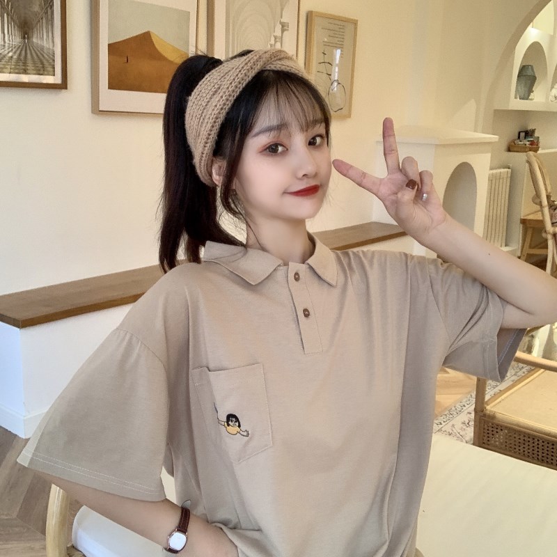 實拍日系恤女設計感小眾韓版復古短袖翻領上衣學生