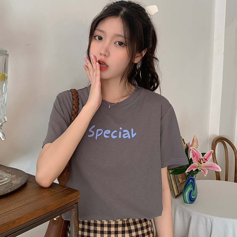 Real shooting versatile loose letter printed cotton short sleeve T-shirt