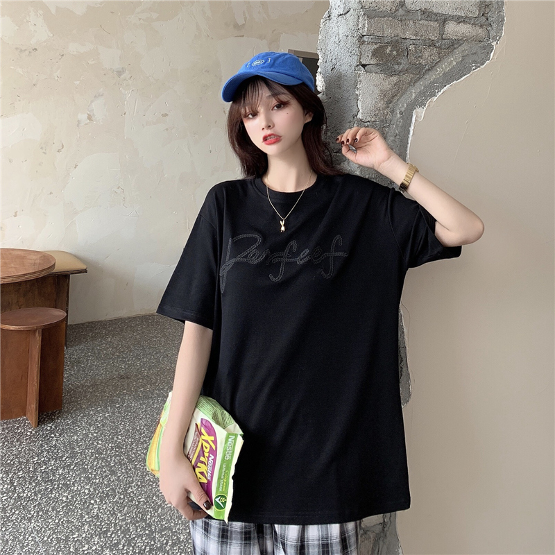 Real shot letter embroidery loose medium length short sleeve T-shirt