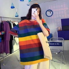 實拍  短袖t恤女中長款彩虹條紋