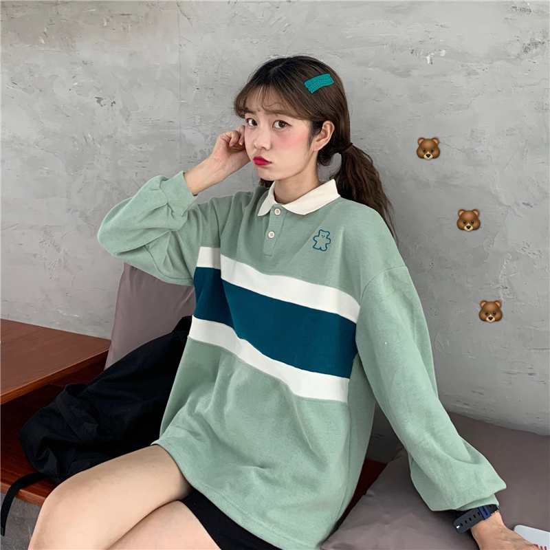 Real time photo of Minnie velvet cute embroidery bear splicing color contrast polo shirt student coat lapel Sweater Girl