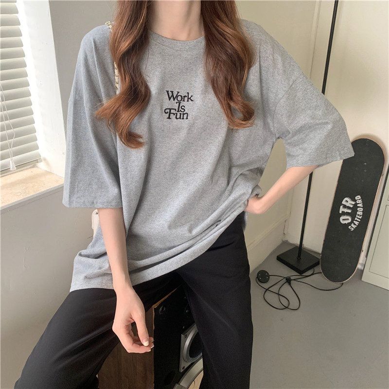 Five color loose medium length letter embroidered short sleeve T-shirt