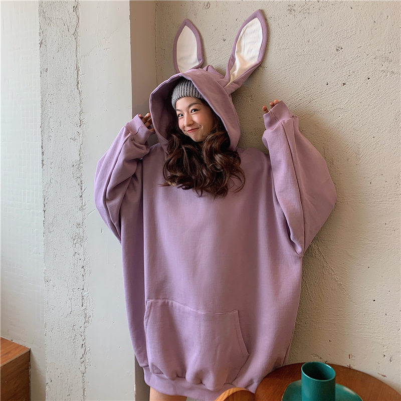 Real shot Korean loose medium length Plush thickened long sleeve rabbit ear sweater