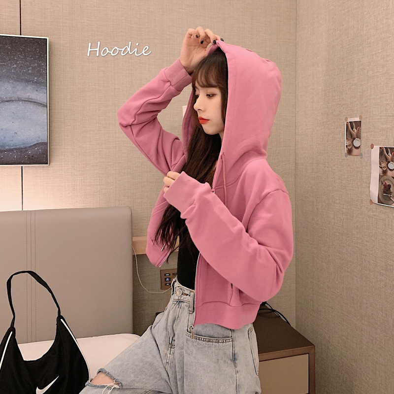 Korean loose short sports casual hooded western style cardigan sweater women's small coat