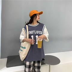 實拍假兩件運動籃球衣恤短袖女寬鬆韓版風學生上衣服潮