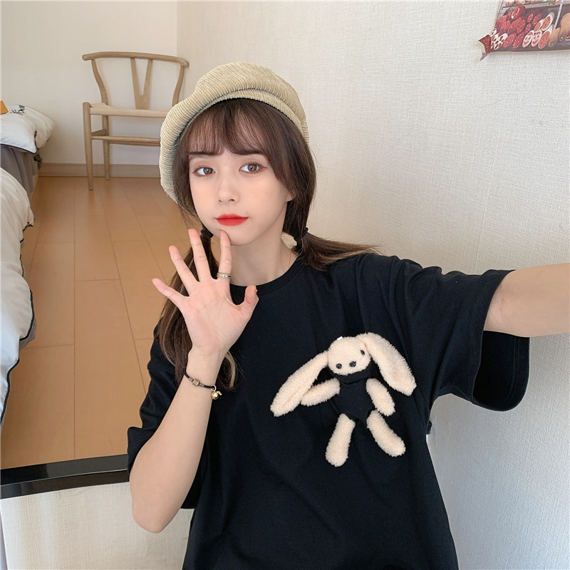 實拍口袋破洞短袖恤女日系娃娃上衣女