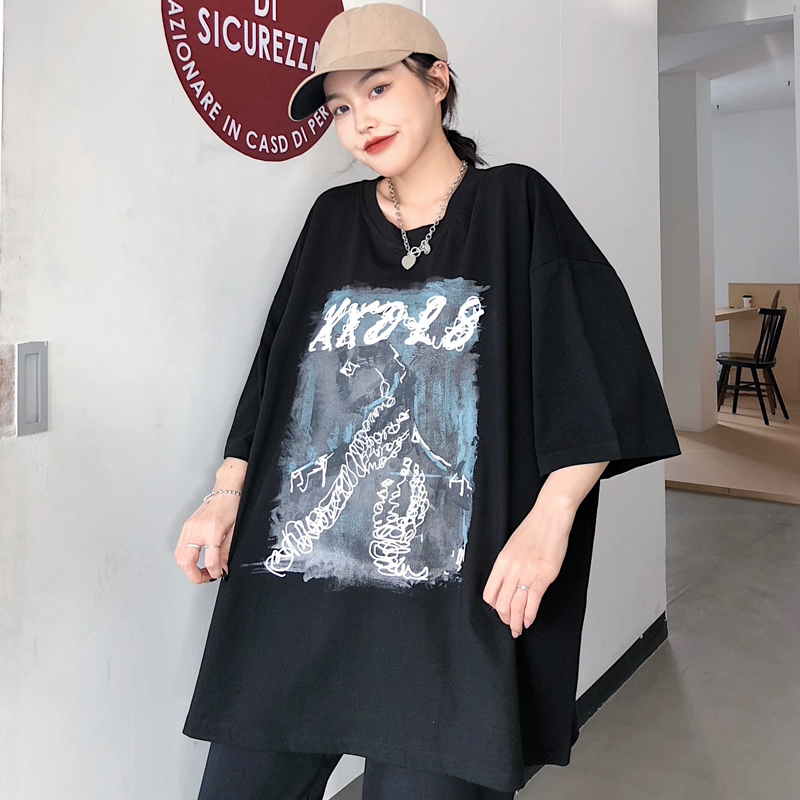 Real shot Harajuku BF style printing loose Korean medium long T-shirt short sleeve top