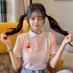 Real shot short sleeve new female T-shirt Polo summer baby collar top