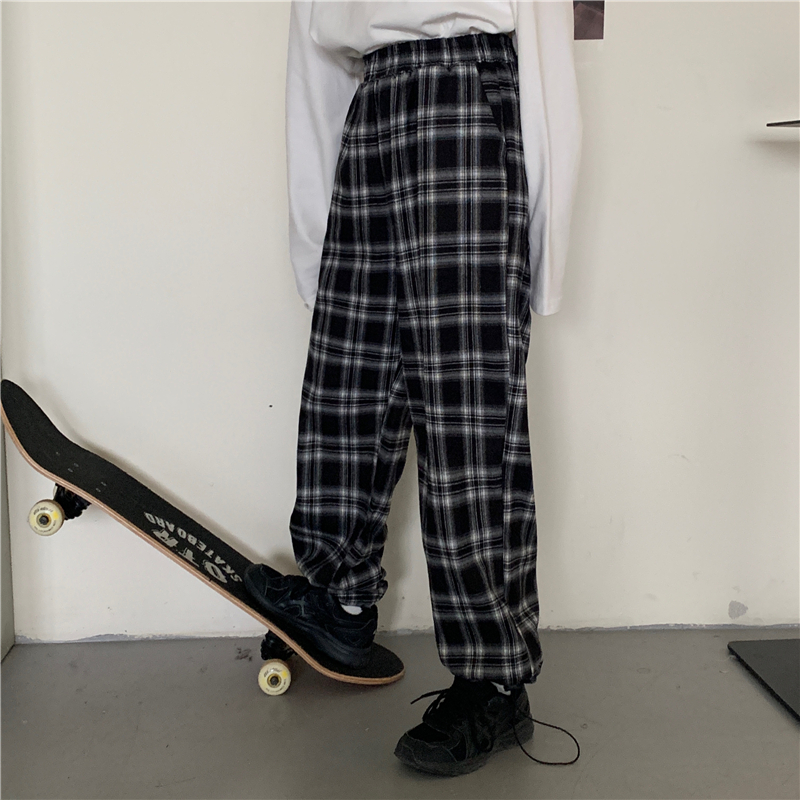 Real shot wide leg loose falling feeling Plaid casual pants Harajuku pants female