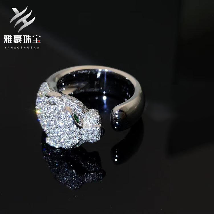 雅豪珠宝首饰定制 18k白金豹子头戒指满钻宽版 镶钻石豹头指环