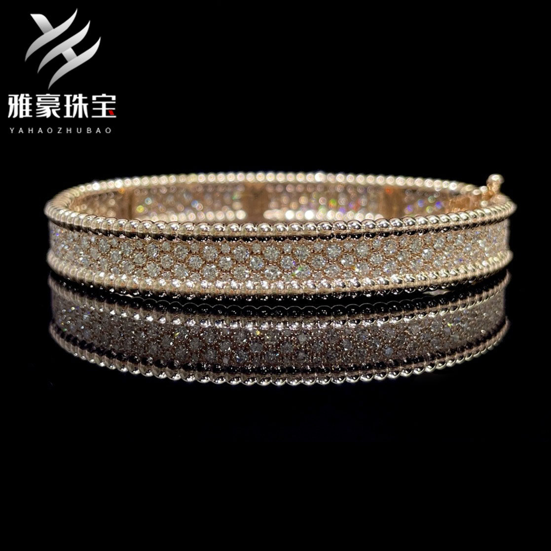 雅豪珠宝首饰定制 18K玫瑰金黄金滚珠边珠手镯宽版满钻白金手环