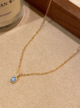 S925纯银镀18K金蓝色锆石水滴项链简约轻奢高级感精致气质锁骨链