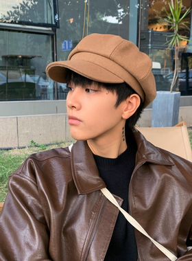 帽子男冬季日系百搭毛呢纯色八角帽英伦贝雷帽报童帽复古画家帽潮