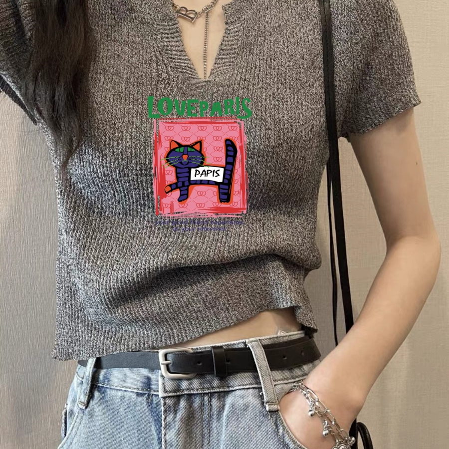 冰丝灰色v领短袖t恤女夏季2025新款设计感小众正肩针织衫欧货上衣