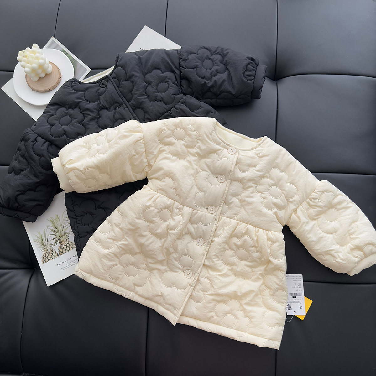 2025现货女童加绒外套冬装新款儿童韩版花朵加厚中长款泡泡袖棉服