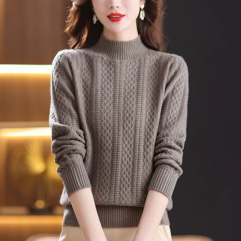 秋冬半高领针织衫宽松大码毛衣女中年妈妈加厚提花纯色针织打底衫