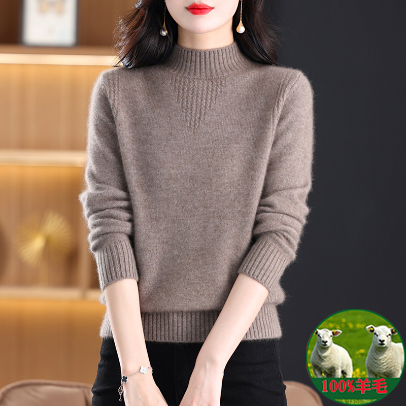 半高领100%纯羊毛衫女秋冬加厚