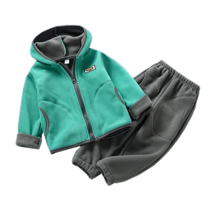 儿童摇粒绒套装连帽秋装女宝宝抓绒秋冬季男童运动休闲加绒两件套