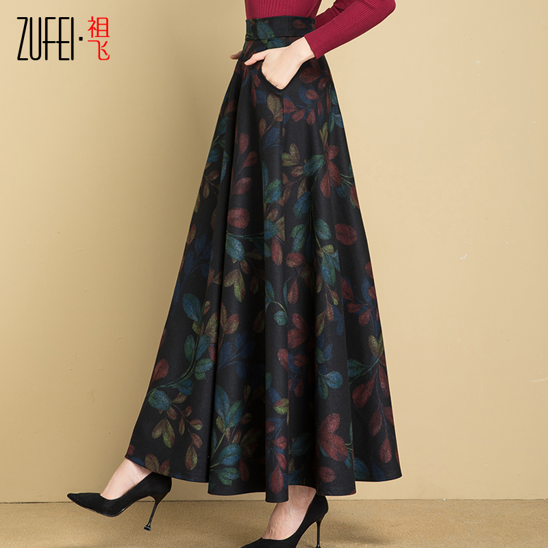 秋冬大码显瘦毛呢半身裙碎花a字