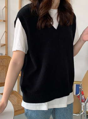 黑色无袖针织马甲女2023新款春秋宽松外搭v领毛衣背心叠穿早秋季
