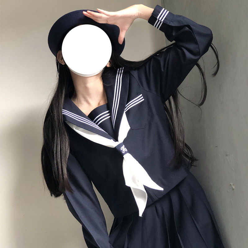 jk制服全套正版水手服长款百褶裙少女上衣秋季白色长袖日系绀三本