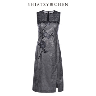 SHIATZY 夏姿·陈亮光涂层面料刺绣连衣裙607705 CHEN