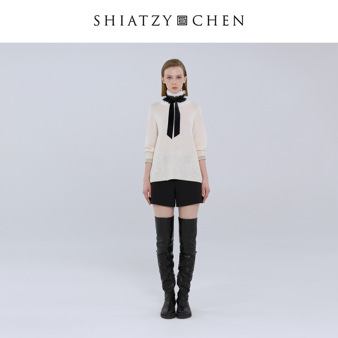 SHIATZY CHEN/夏姿·陈25年秋冬曲境系列蕾丝拼接针织上衣655098