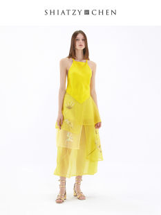 SHIATZY 夏姿·陈中国风色彩拼接乌干纱半身裙138122 CHEN