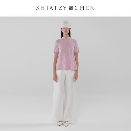 SHIATZY CHEN/夏姿·陈25春夏系列羊毛混纺蕾丝拼接短袖158128
