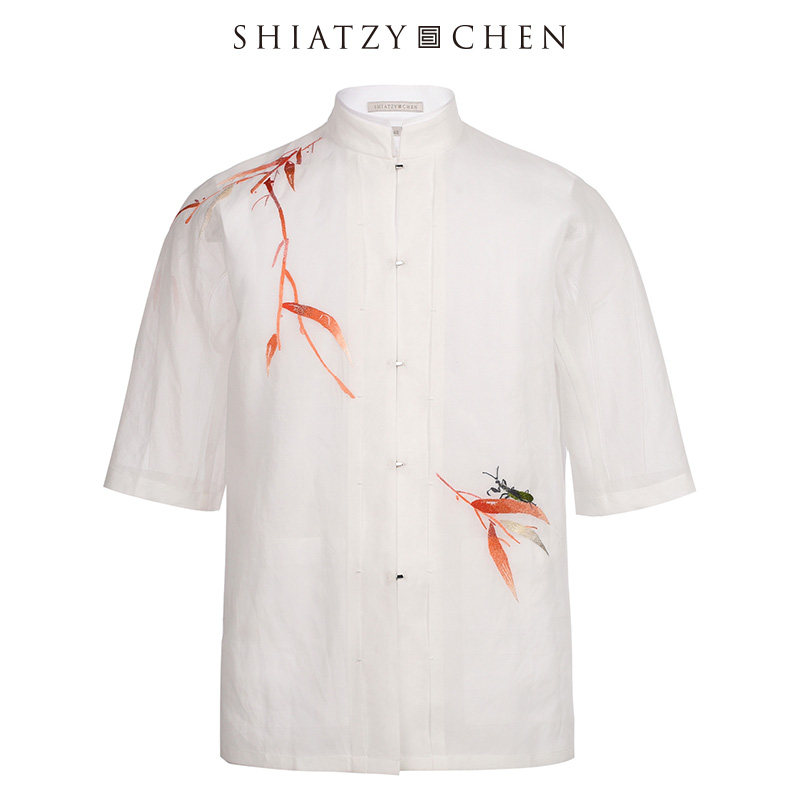 shiatzy chen/夏姿·陈竹花绽放系列乌干纱竹节刺绣男士衬衫