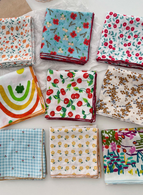 日系复古百搭碎花方巾春夏季文艺小清新棉质小领巾女薄款装饰丝巾