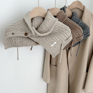 冬季新款纽扣围脖帽子两用复古麻花护颈脖套韩版防寒保暖护颈披肩