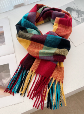 韩版新款情侣彩虹格子围巾秋冬季仿羊绒拼色保暖披肩防风加厚围脖