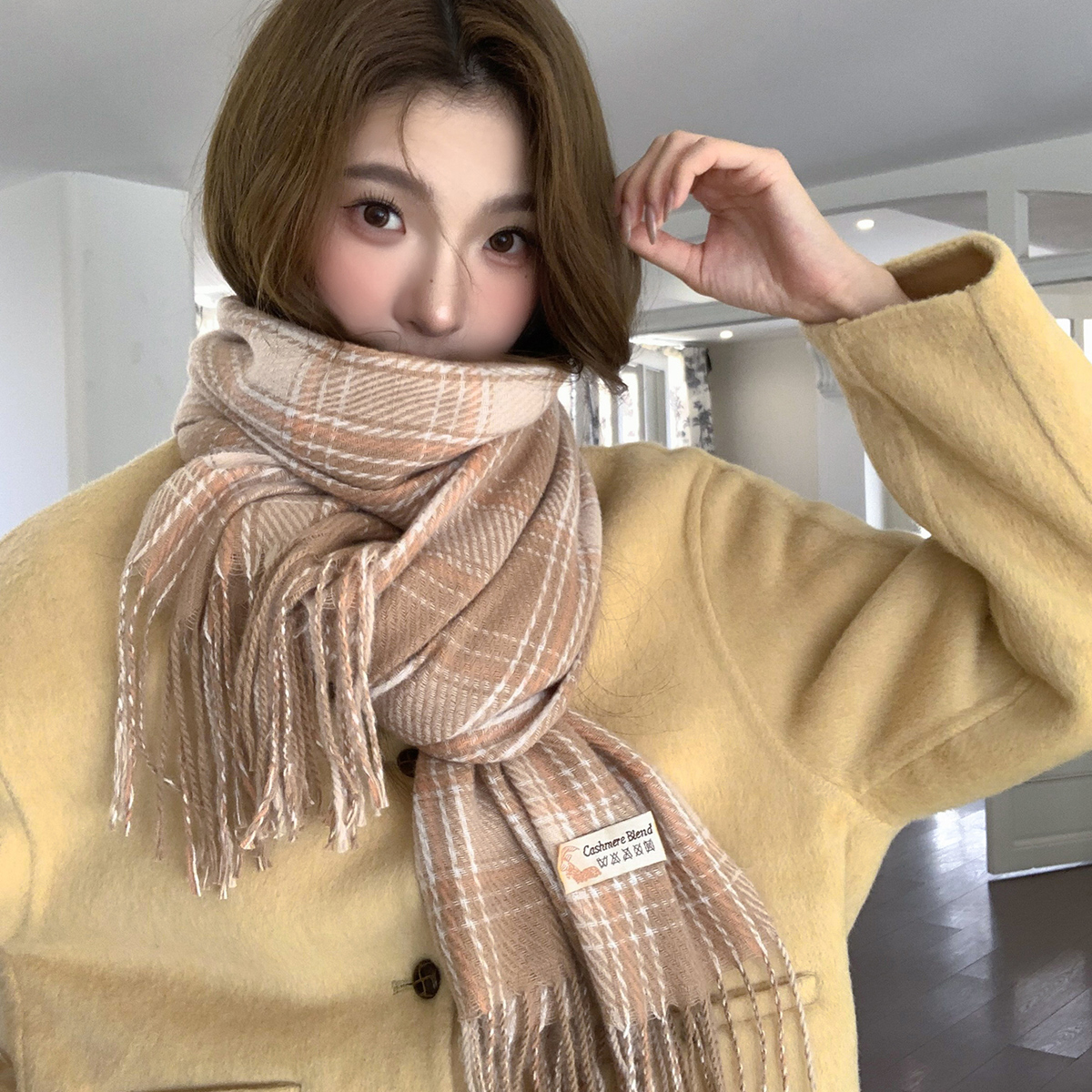 新款英伦文艺小清新格子仿羊绒围巾女百搭简约保暖秋冬季围脖披肩