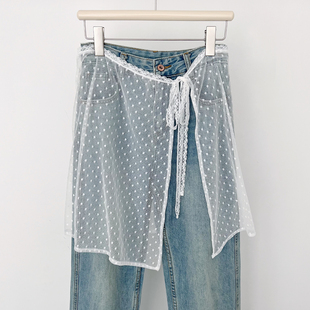 韩国小众设计春夏季 百搭屁帘叠穿罩裙波点裙帘 蕾丝半身裙女个性