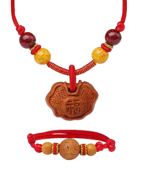 红绳手链桃木长命百岁锁项链