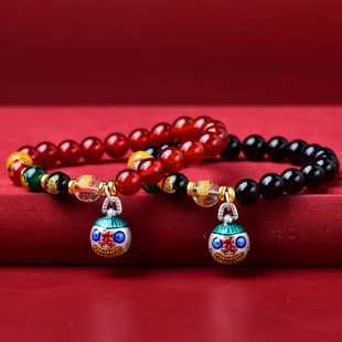 真安顺红玛瑙手链女黑曜石手串男足银貔貅吞金兽龙本命年五路财神