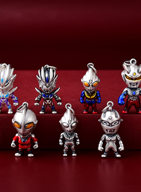 s999足银红色迪迦奥特曼吊坠卡通项链钥匙挂坠银饰儿童手链坠烤蓝