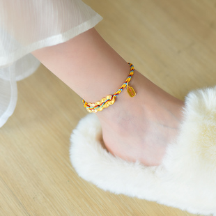 强保色镀黄金脚链女五帝钱手链男本命年财运手绳足金款五彩编绳