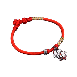 真安顺925银生肖猪本命年红绳五彩手链避病除恶男女脚链宝宝儿童