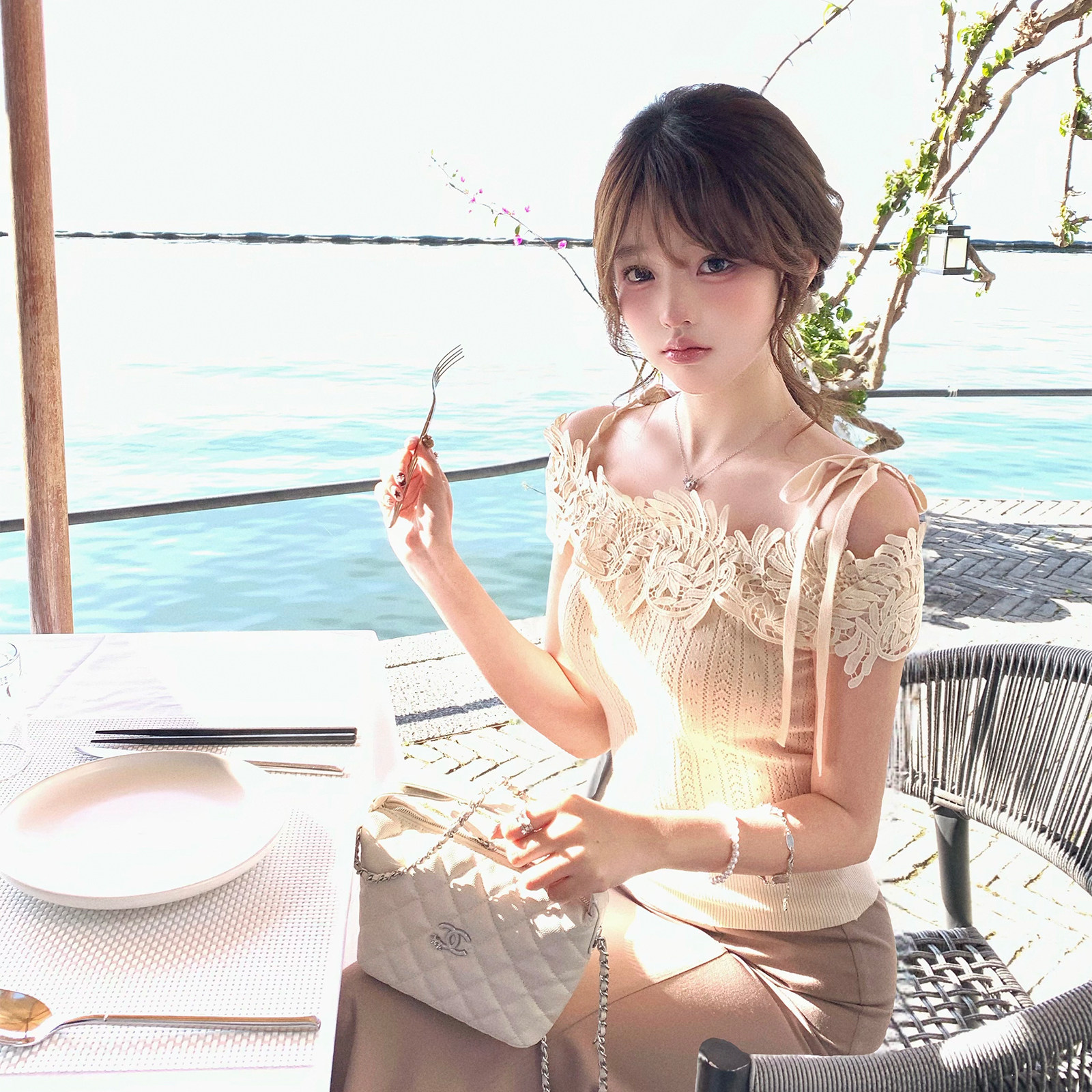 甜水仙 氛围少女心 温柔千金感毛织上衣夏季修身古杏蝴蝶结针织衫