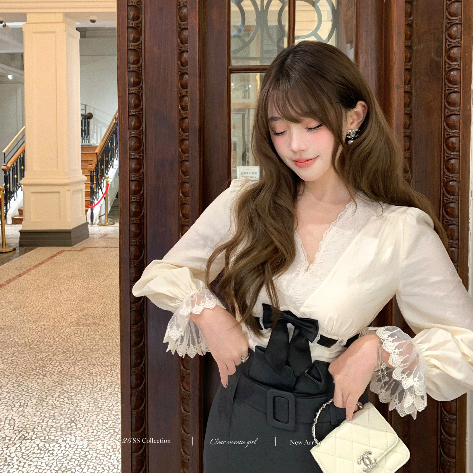 甜水仙 赫本衣柜 米白色衬衫上衣春季新款气质蕾丝花边V领长袖女,女装/女士精品,衬衫,淘宝优惠券,粉丝福利购,淘宝优惠卷