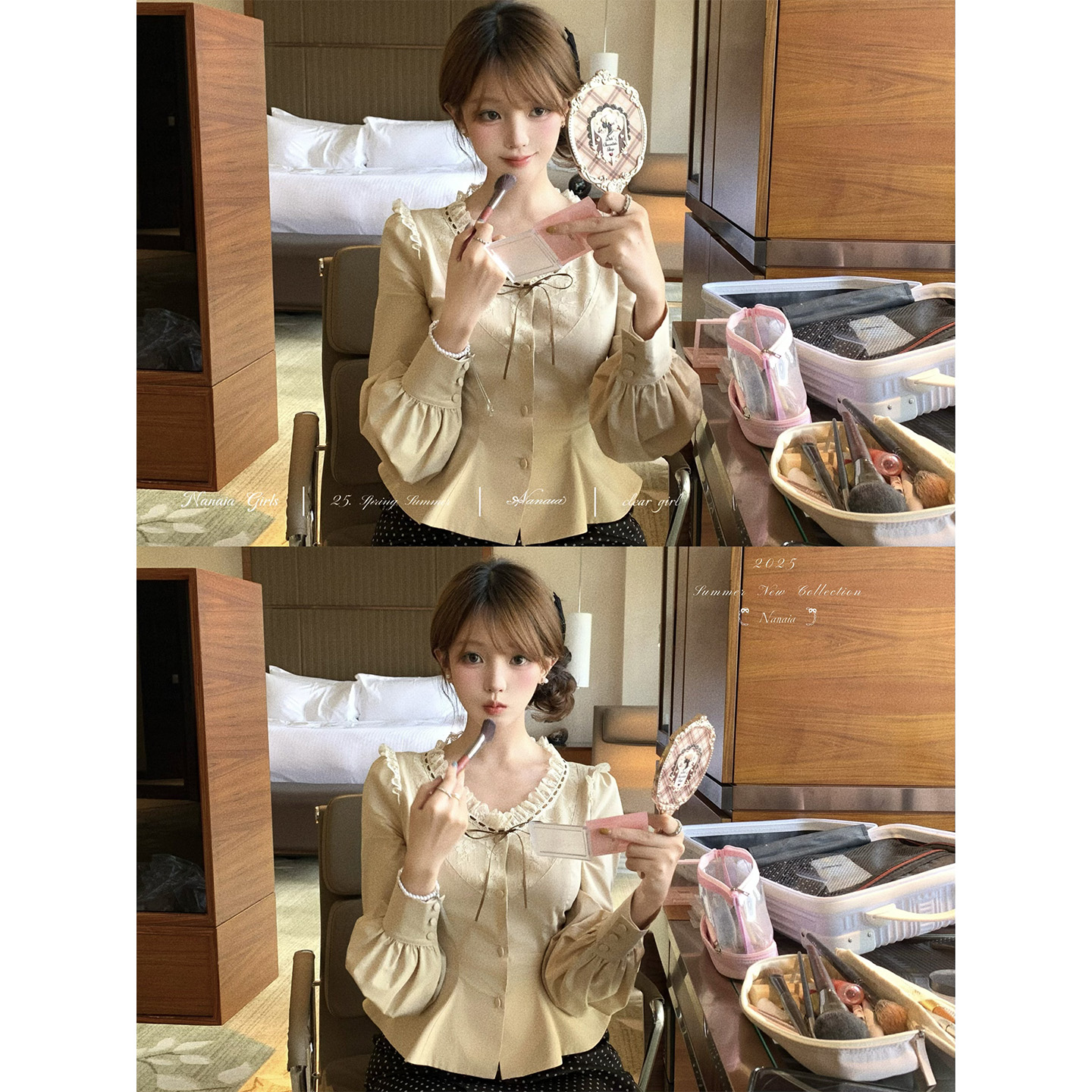 甜水仙 玲奈纪事 重工定染蕾丝拼接棉感衬衫女撞色绑带蝴蝶结上衣