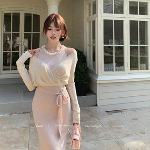 甜水仙 见习穗子 设计感V领罩衫弹力针织连衣裙修身显瘦长裙套装