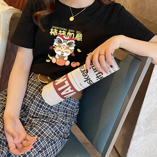 韩版 100%纯棉字母印花复古短袖 体恤新款 夏季 T恤宽松女上衣 美式