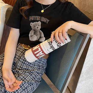 纯棉短袖 欧美潮牌vintage美式 t恤女夏宽松ins设计感chic港味上衣
