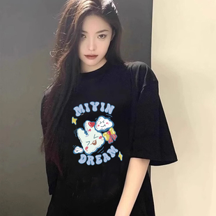 夏季 T恤宽松圆领正肩百搭上衣ins女 新款 纯棉甜辣减龄小狗印花短袖